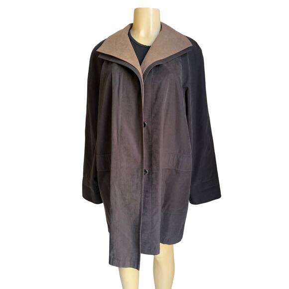 Vintage Gallery Black Brown Tan Trench Coat Medium  Classic Long Overcoat Fall - Picture 2 of 9